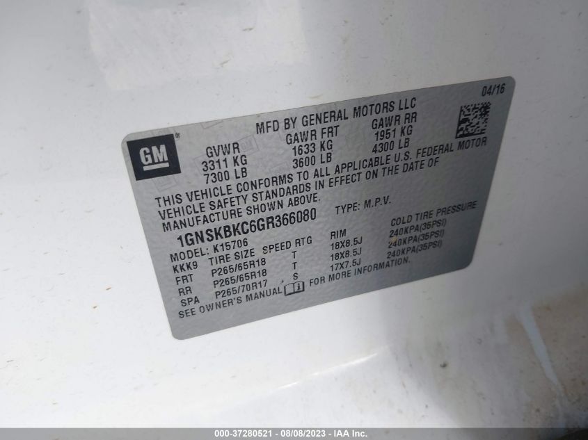 2016 CHEVROLET TAHOE LT - 1GNSKBKC6GR366080