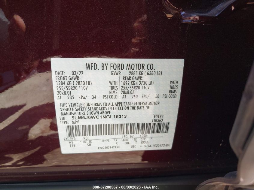 2022 LINCOLN AVIATOR STANDARD - 5LM5J6WC1NGL16313