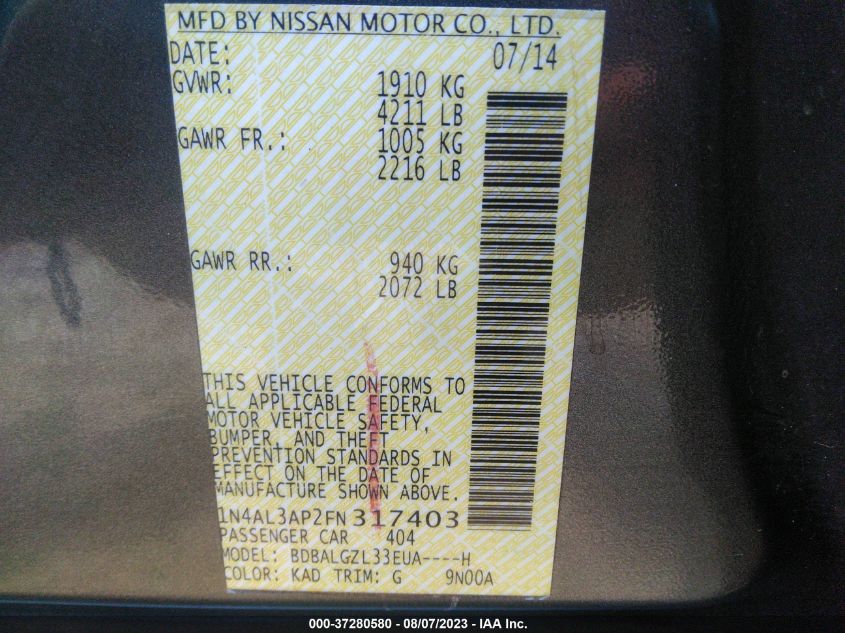 2015 NISSAN ALTIMA 2.5 S - 1N4AL3AP2FN317403
