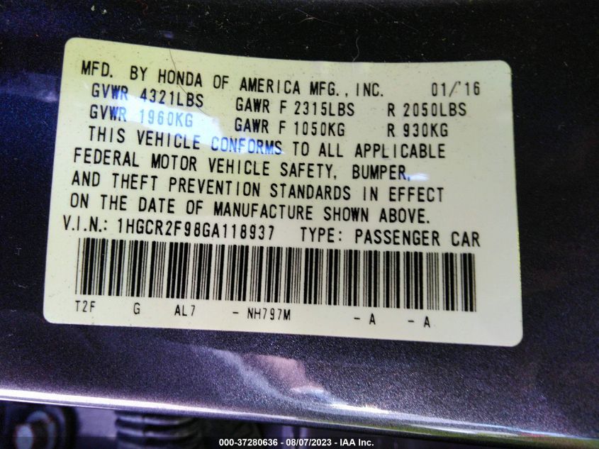 2016 HONDA ACCORD SEDAN EX-L - 1HGCR2F98GA118937
