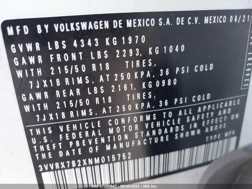 2022 VOLKSWAGEN TAOS SE - 3VVRX7B2XNM015752