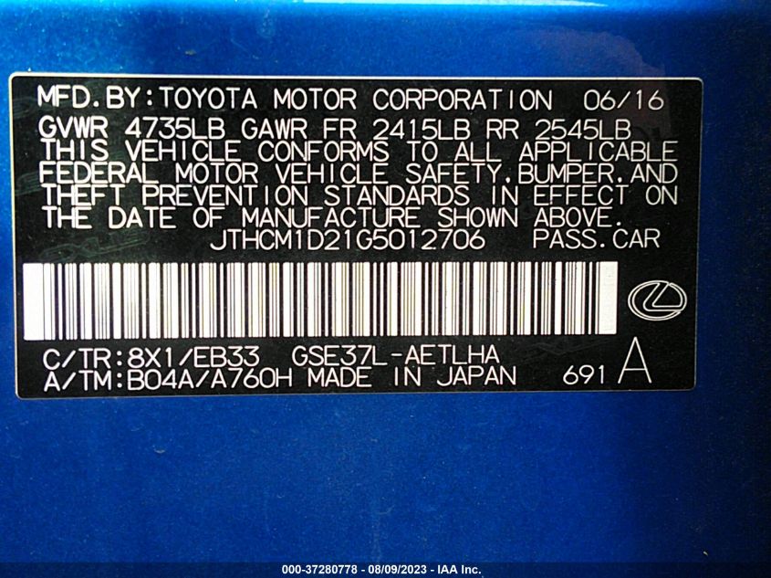 2016 LEXUS IS 300 JTHCM1D21G5012706