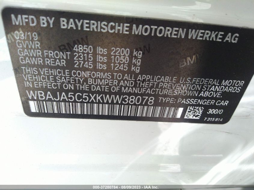 2019 BMW 5 SERIES 530I - WBAJA5C5XKWW38078