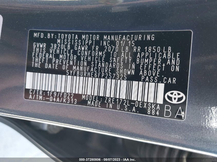 2015 TOYOTA COROLLA L/LE/S/S PLUS/LE PLUS - 5YFBURHE6FP257325