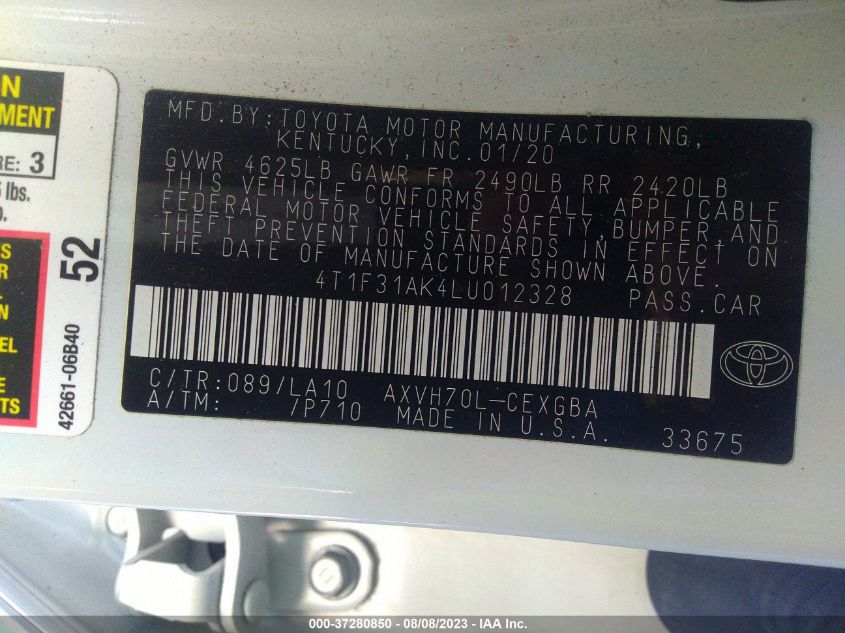 2020 TOYOTA CAMRY HYBRID XLE - 4T1F31AK4LU012328