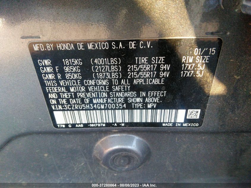 2016 HONDA HR-V LX - 3CZRU5H34GM700354