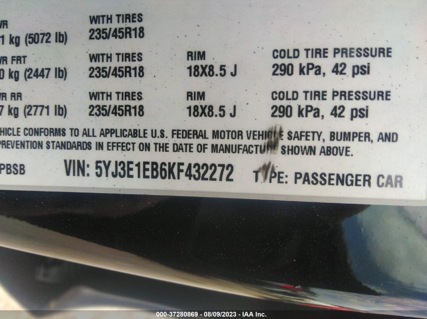 2019 TESLA MODEL 3 - 5YJ3E1EB6KF432272