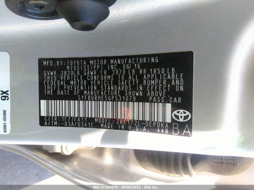 2016 TOYOTA COROLLA L/LE/S/S PLUS/LE PLUS - 5YFBURHE5GP531079