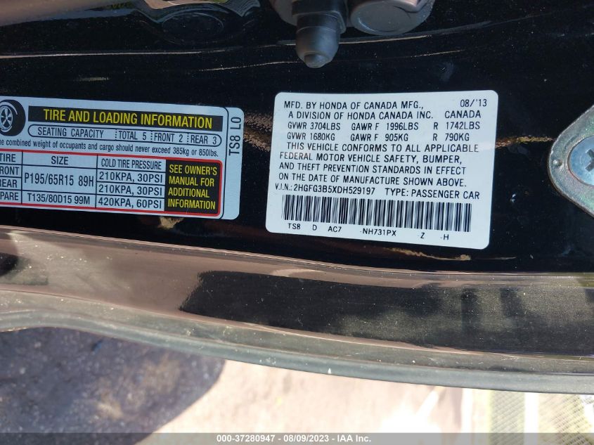 2013 HONDA CIVIC CPE LX 2HGFG3B5XDH529197