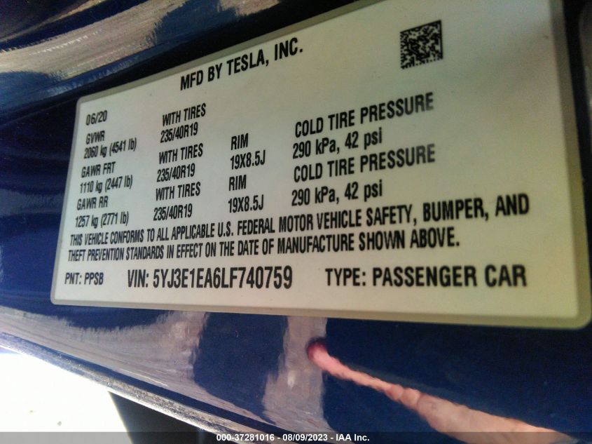 2020 TESLA MODEL 3 STANDARD RANGE - 5YJ3E1EA6LF740759