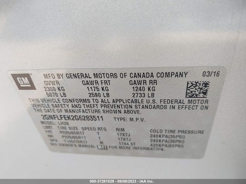 2016 CHEVROLET EQUINOX LT - 2GNFLFEK2G6283511