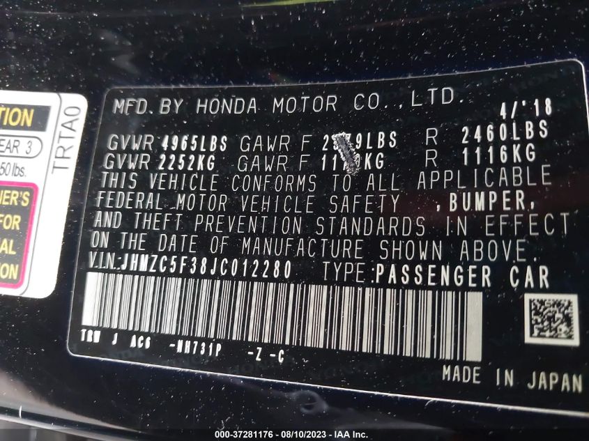 2018 HONDA CLARITY PLUG-IN HYBRID TOURING - JHMZC5F38JC012280