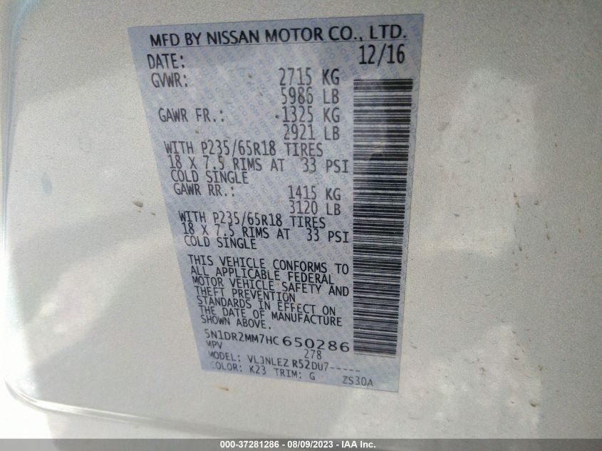 2017 NISSAN PATHFINDER SV - 5N1DR2MM7HC650286