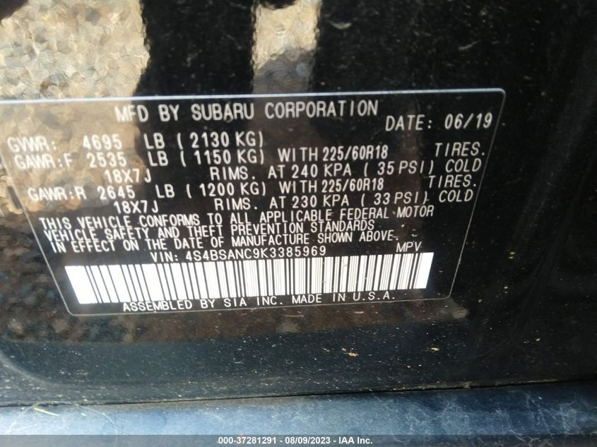 2019 SUBARU OUTBACK LIMITED - 4S4BSANC9K3385969