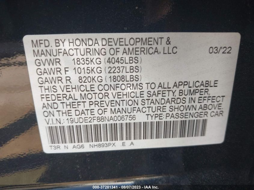 2022 ACURA ILX PACKAGE - 19UDE2F88NA006756