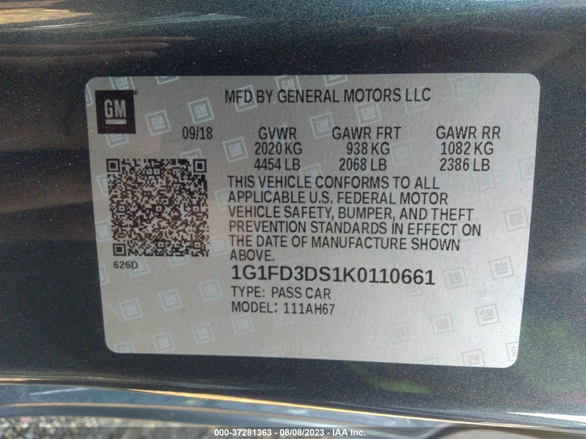 VIN 1G1FD3DS1K0110661 2019 CHEVROLET CAMARO 2LT