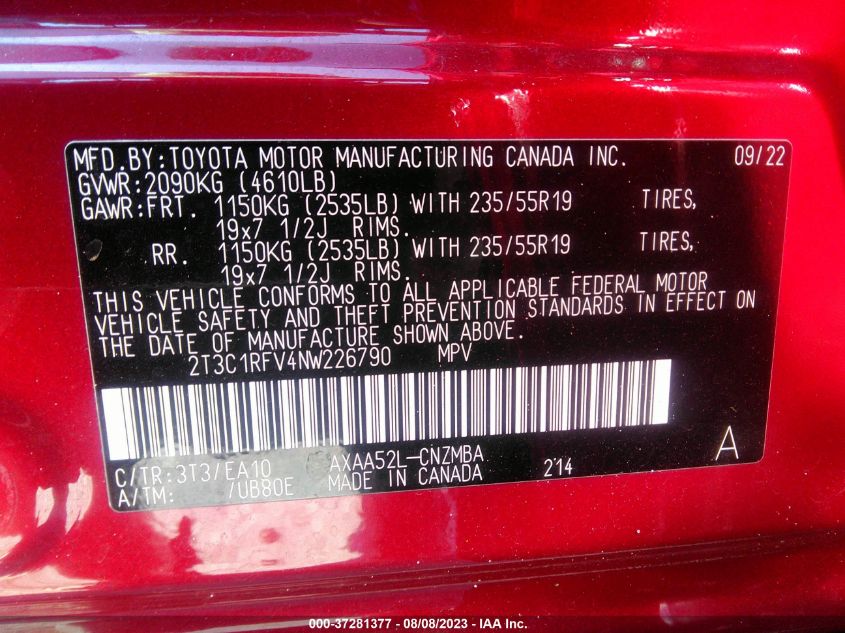2022 TOYOTA RAV4 XLE PREMIUM - 2T3C1RFV4NW226790