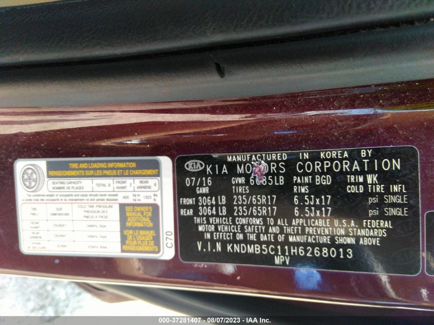 2017 KIA SEDONA LX - KNDMB5C11H6268013