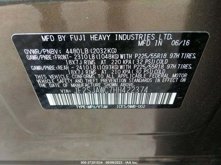 2017 SUBARU FORESTER TOURING - JF2SJAWC7HH422374
