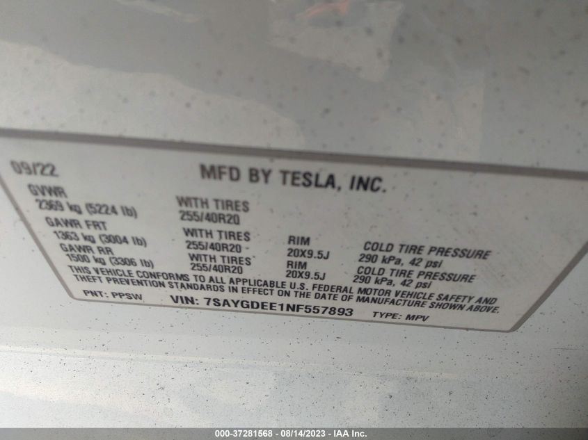 2022 TESLA MODEL Y LONG RANGE - 7SAYGDEE1NF557893