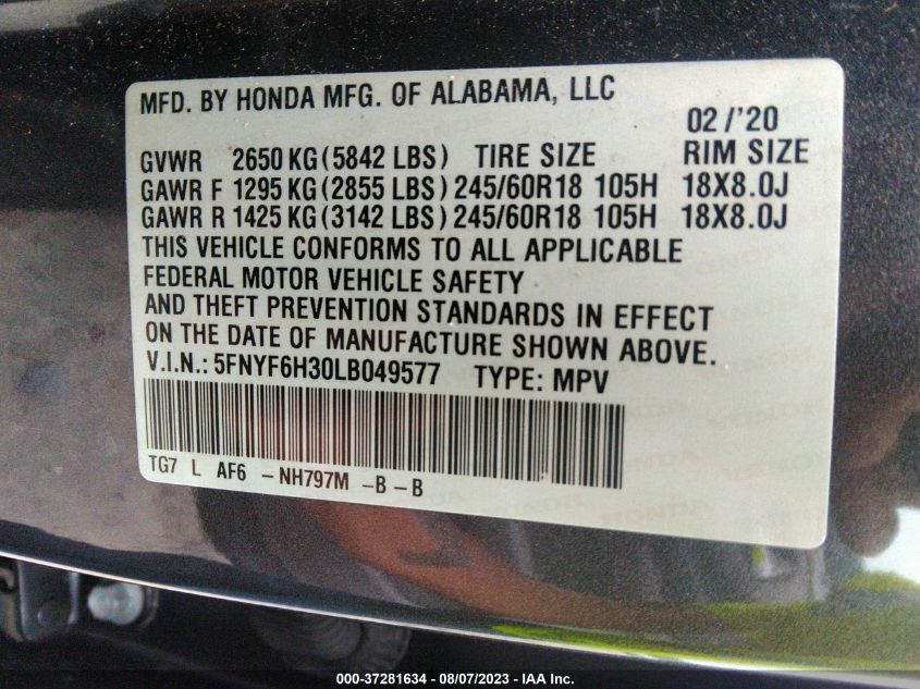 2020 HONDA PILOT EX - 5FNYF6H30LB049577