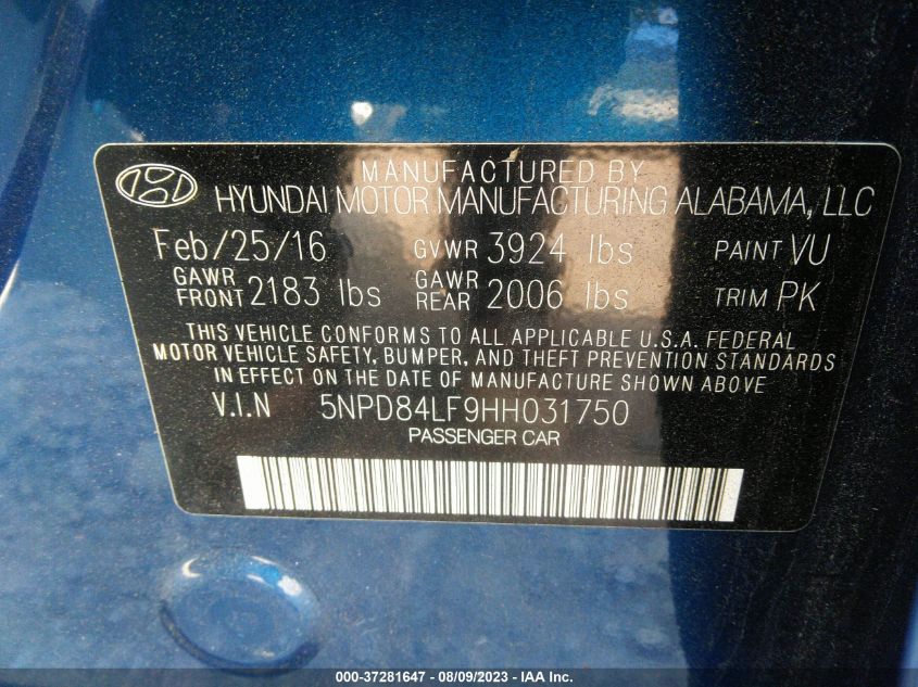 2017 HYUNDAI ELANTRA LIMITED - 5NPD84LF9HH031750
