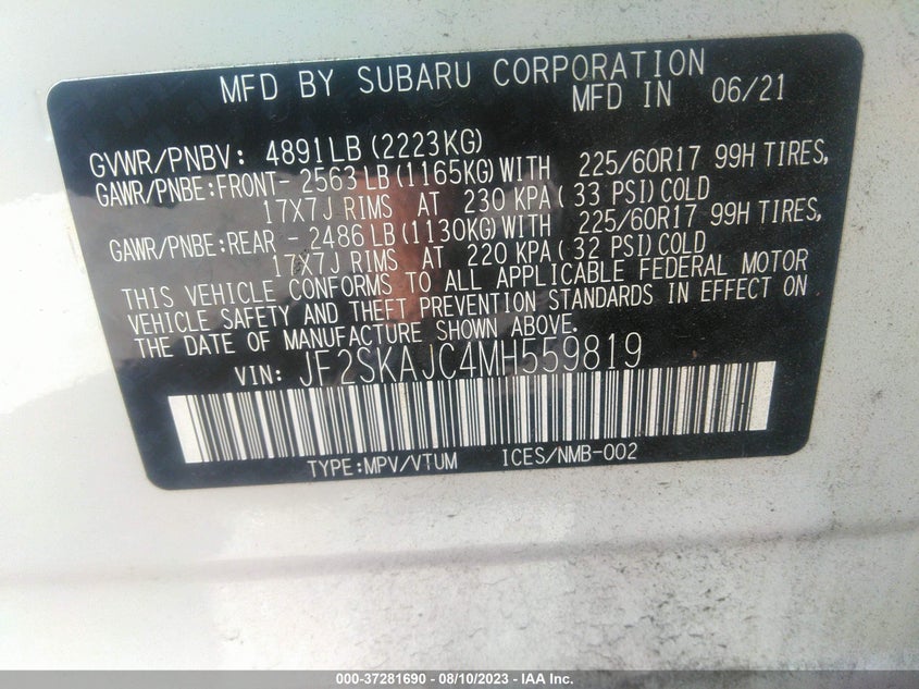 VIN JF2SKAJC4MH559819 2021 SUBARU FORESTER PREMIUM