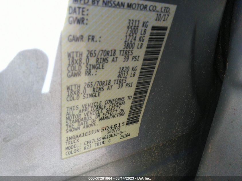 2018 NISSAN TITAN SV - 1N6AA1E53JN504815