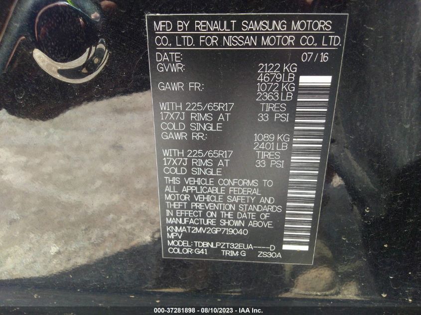 2016 NISSAN ROGUE S/SL/SV - KNMAT2MV2GP719040