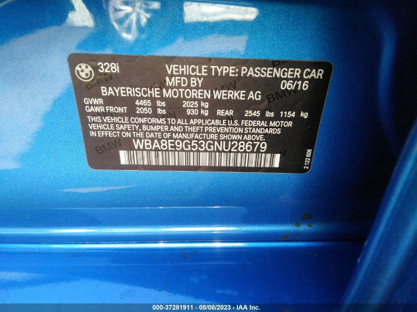 2016 BMW 3 SERIES 328I - WBA8E9G53GNU28679