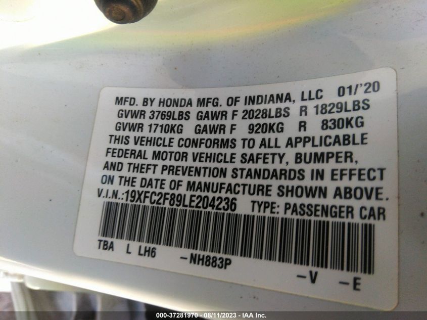 2020 HONDA CIVIC SEDAN SPORT - 19XFC2F89LE204236