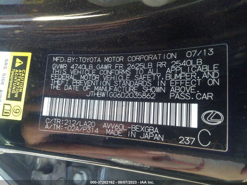 2013 LEXUS ES 300H HYBRID JTHBW1GG6D2035862
