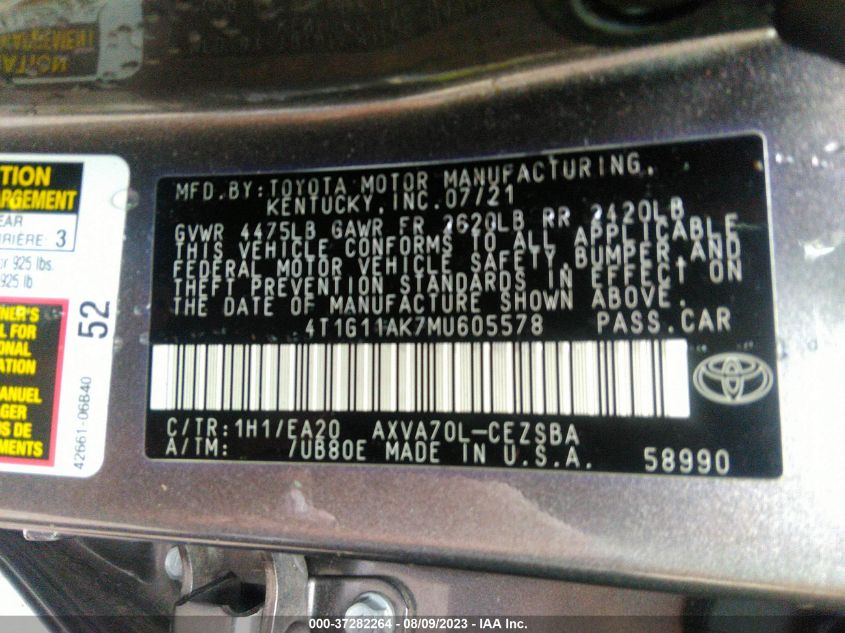 2021 TOYOTA CAMRY SE - 4T1G11AK7MU605578