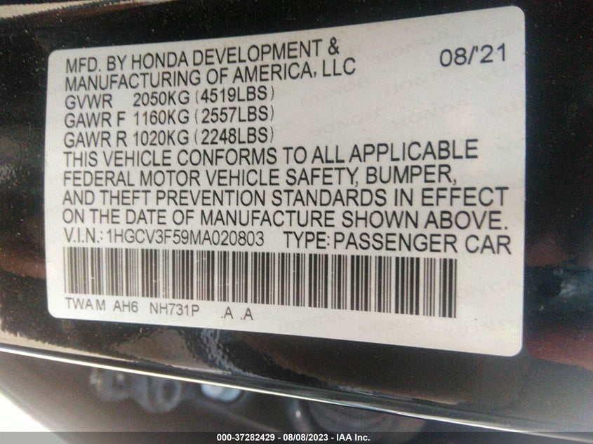 VIN 1HGCV3F59MA020803 2021 HONDA ACCORD HYBRID EX-L