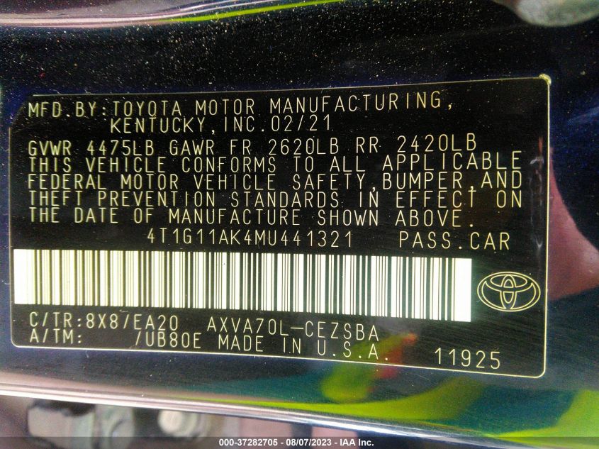 2021 TOYOTA CAMRY SE NIGHTSHADE - 4T1G11AK4MU441321
