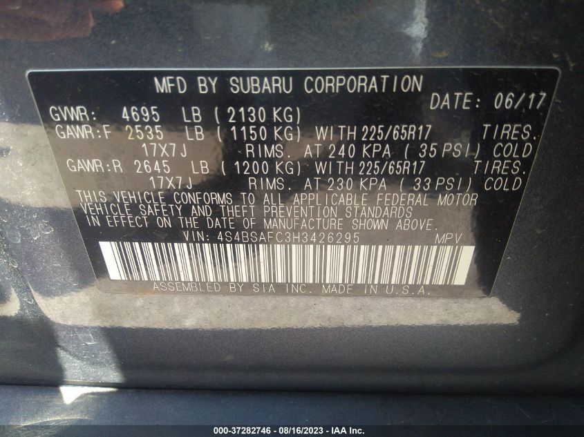 2017 SUBARU OUTBACK PREMIUM - 4S4BSAFC3H3426295