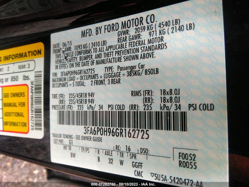 3FA6P0H96GR162725 2016 FORD FUSION, photo no. 9