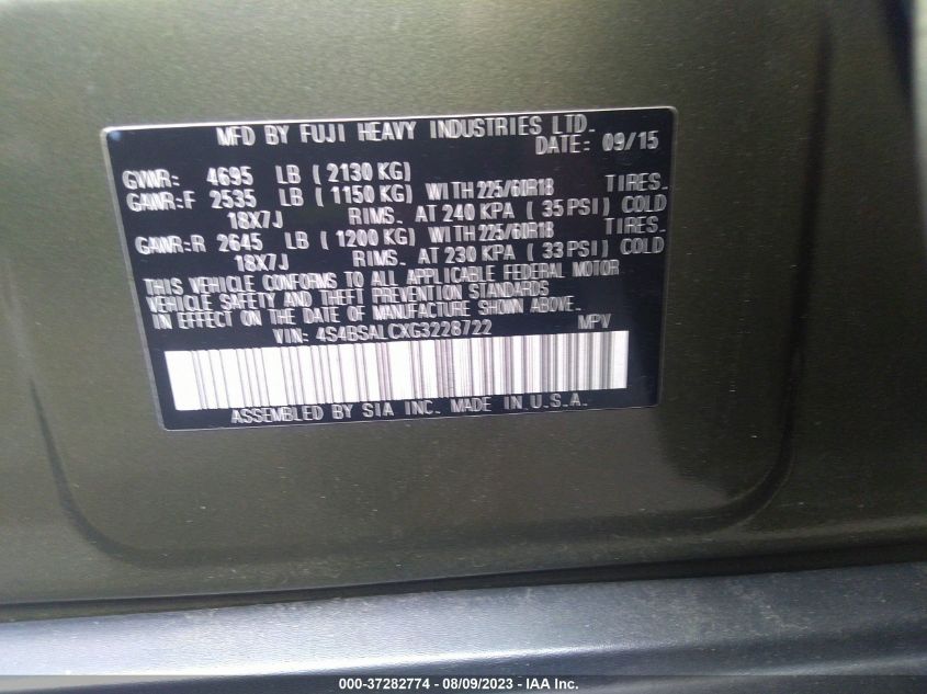 2016 SUBARU OUTBACK 2.5I LIMITED - 4S4BSALCXG3228722