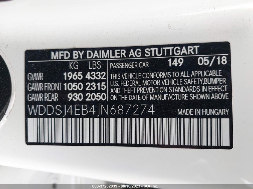 VIN WDDSJ4EB4JN687274 2018 MERCEDES-BENZ CLA CLA 250
