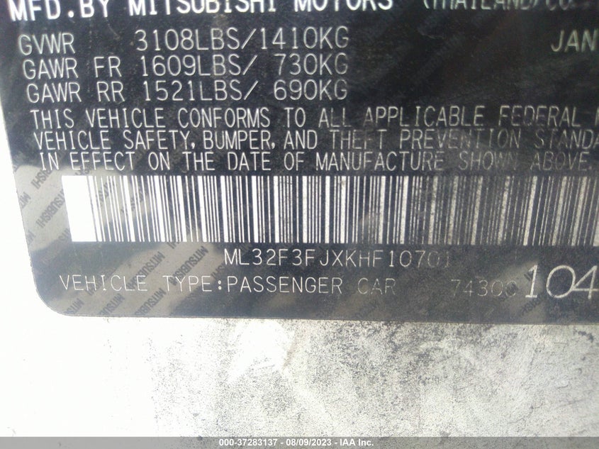 VIN ML32F3FJXKHF10701 2019 MITSUBISHI MIRAGE G4 ES/RF