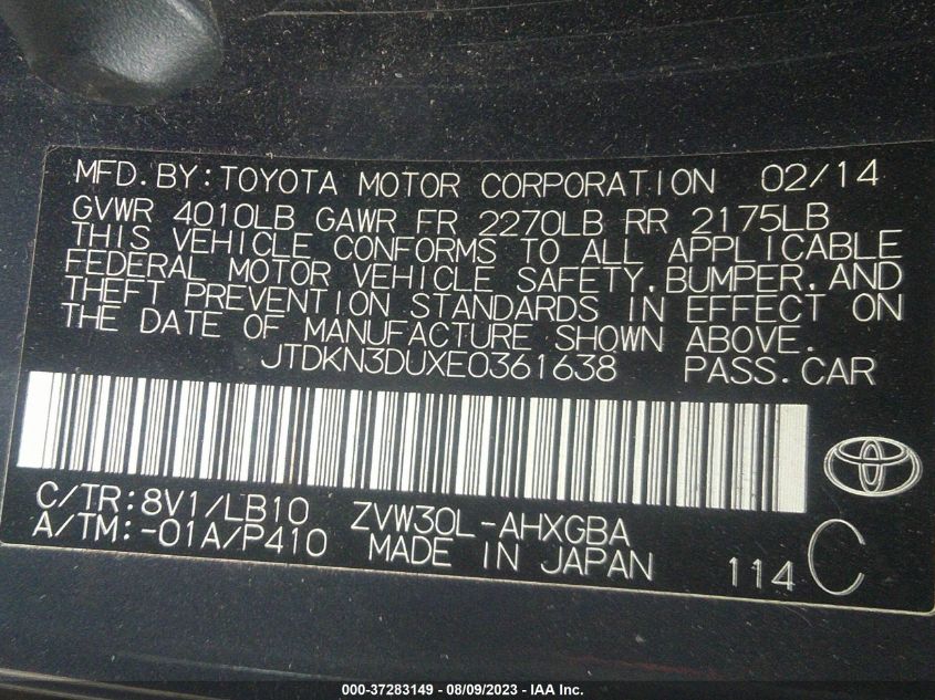 2014 TOYOTA PRIUS FOUR/FIVE/THREE/ONE/TWO - JTDKN3DUXE0361638