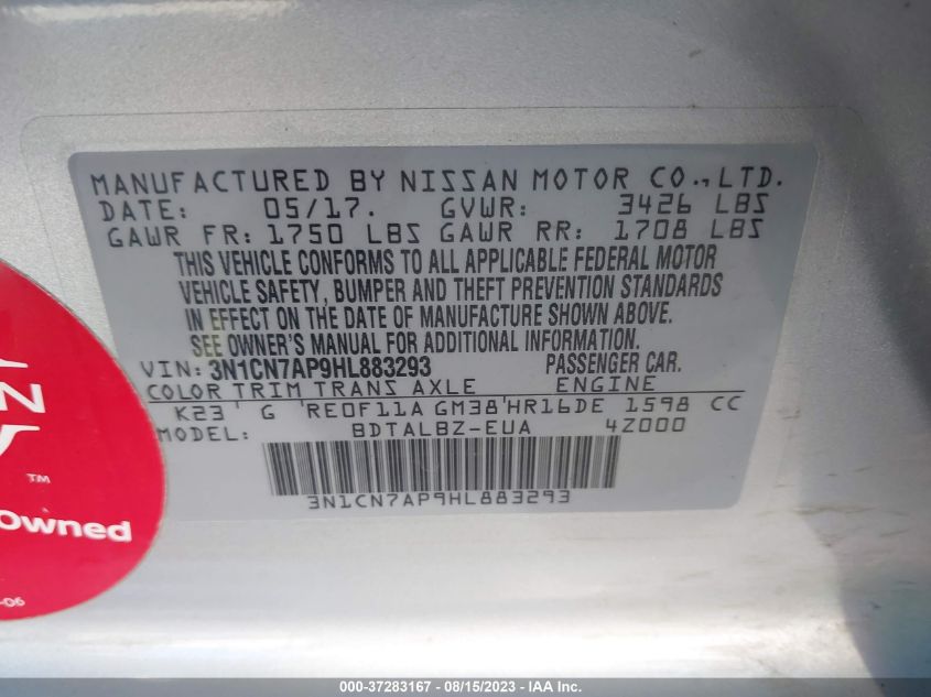 2017 NISSAN VERSA SEDAN SV - 3N1CN7AP9HL883293