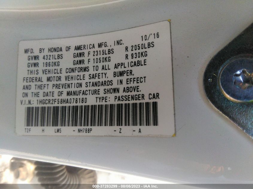 2017 HONDA ACCORD SEDAN SPORT - 1HGCR2F58HA078180
