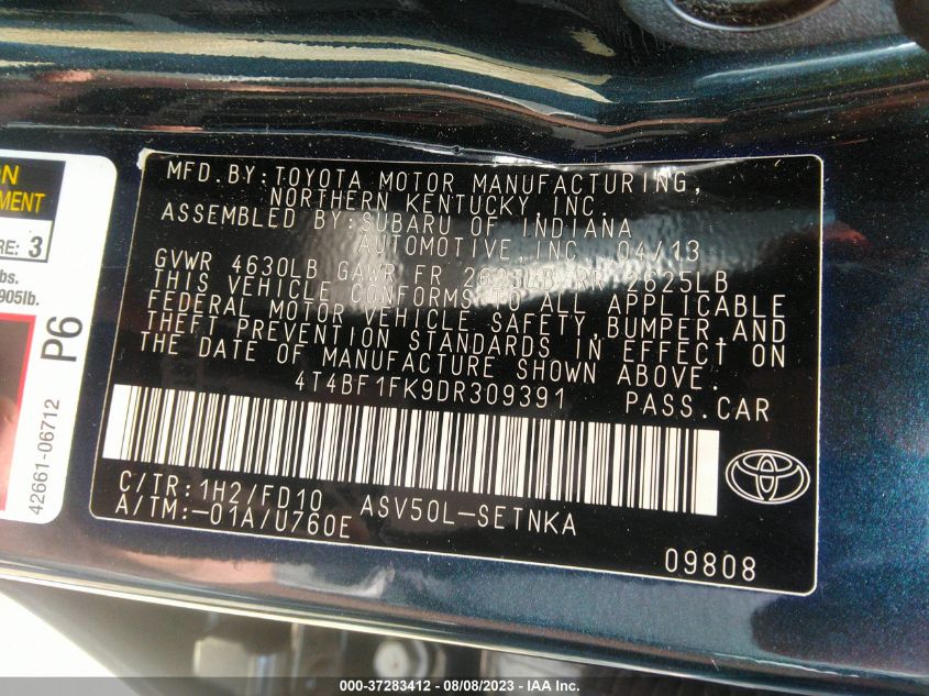 2013 TOYOTA CAMRY L/LE/SE/XLE - 4T4BF1FK9DR309391