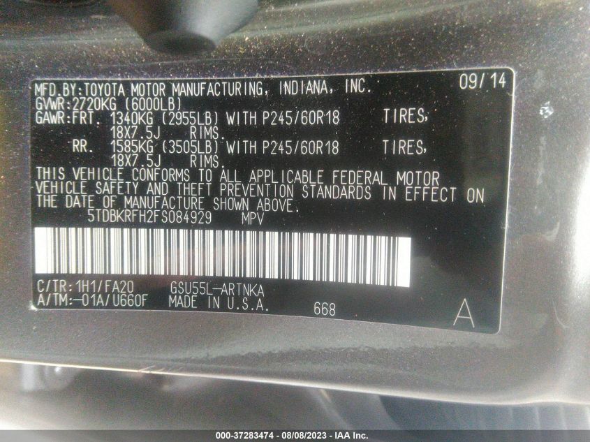 2015 TOYOTA HIGHLANDER LE - 5TDBKRFH2FS084929