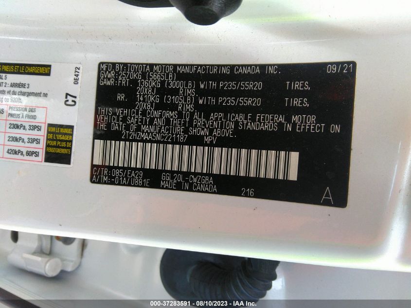 2022 LEXUS RX RX 350 - 2T2HZMAA5NC221187