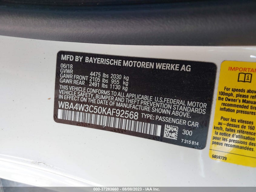 VIN WBA4W3C50KAF92568 2019 BMW 4 SERIES 430I