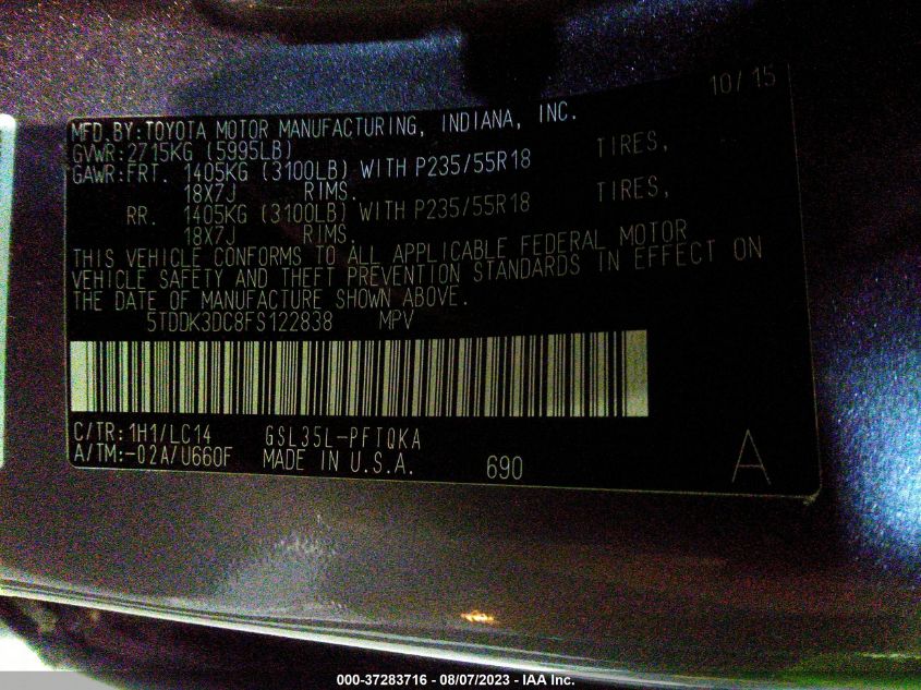 2015 TOYOTA SIENNA LTD/XLE/XLE PREMIUM - 5TDDK3DC8FS122838