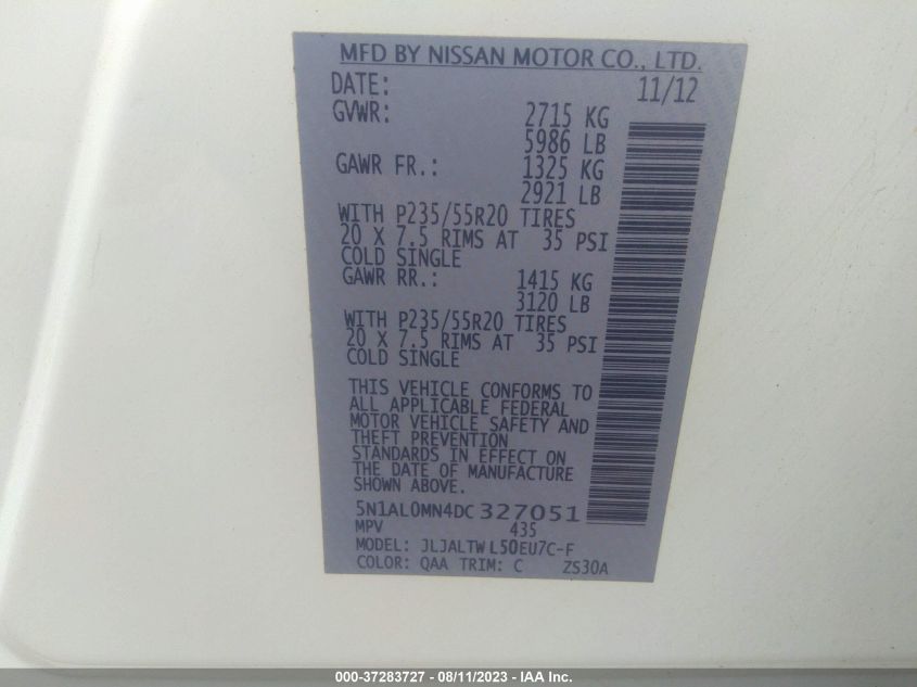 2013 INFINITI JX - 5N1AL0MN4DC327051