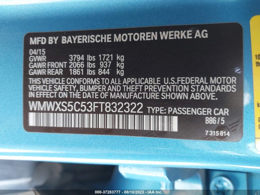 2015 MINI COOPER HARDTOP 4 DOOR WMWXS5C53FT832322